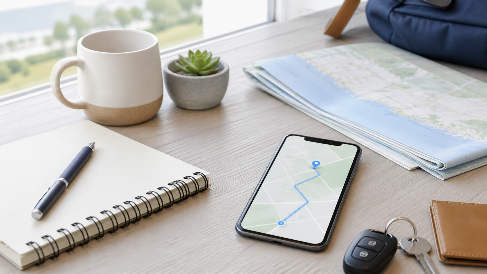 Road trip planning setup with a route map, smartphone, notebook, and car keys on a desk
