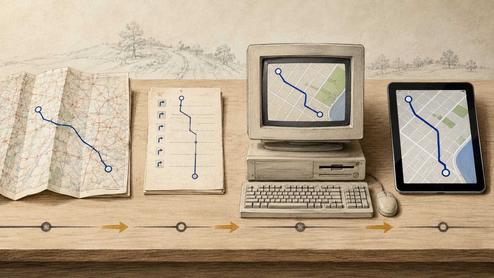 Editorial illustration showing printed directions, an early desktop map, and a modern tablet