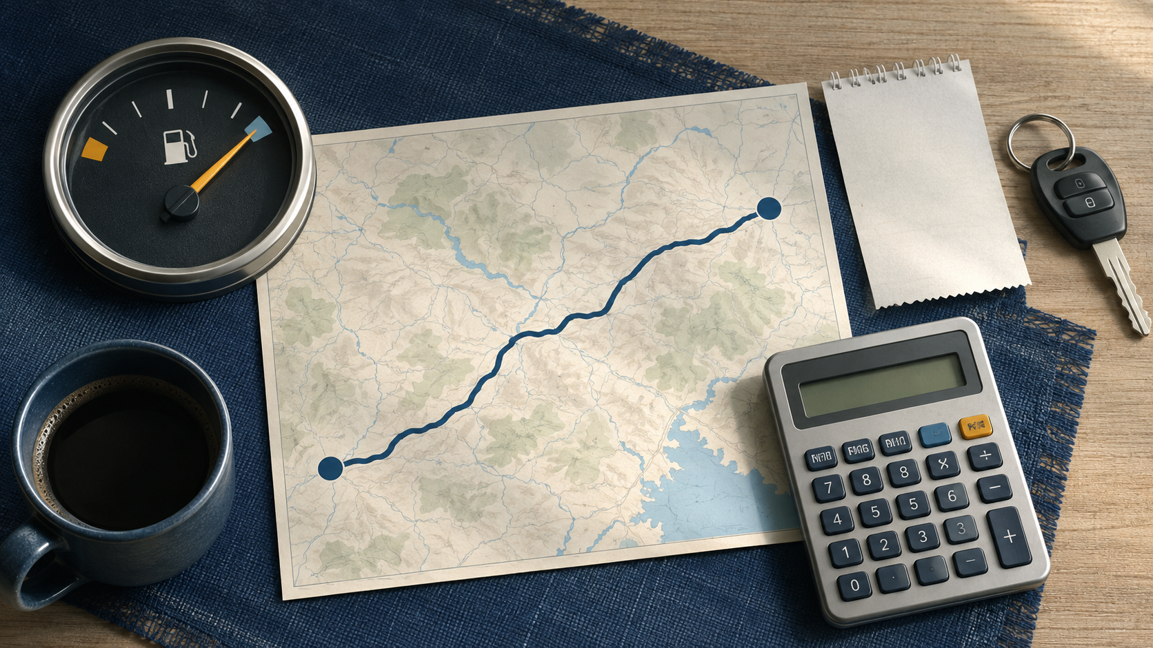 Editorial desk illustration showing a route, fuel gauge, calculator, and car keys for trip cost planning