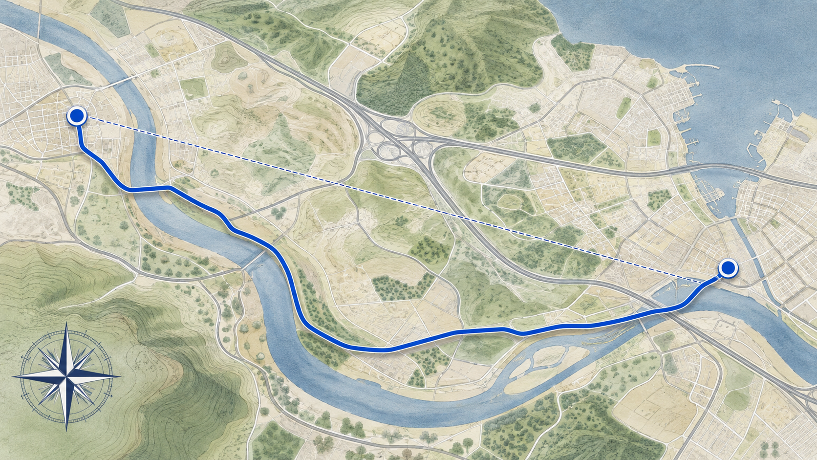 Illustrated route map with a measured line connecting two endpoints through varied terrain