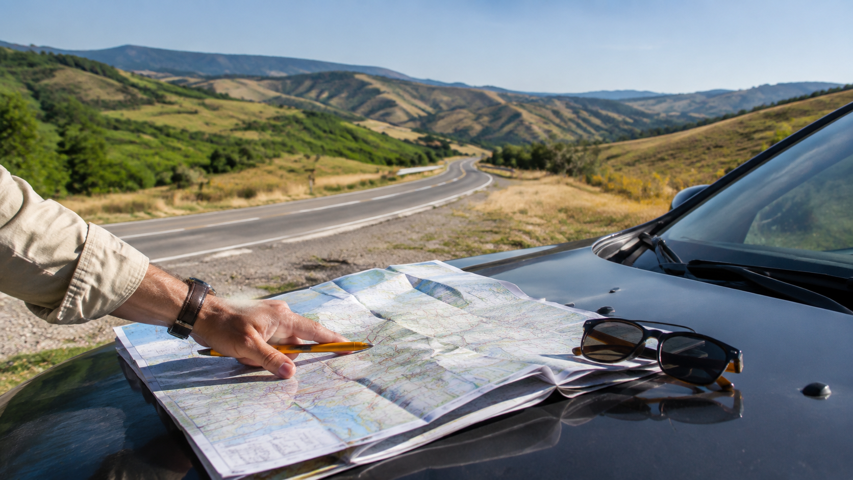 Traveler tracing a printed route map on a parked car at a scenic roadside stop