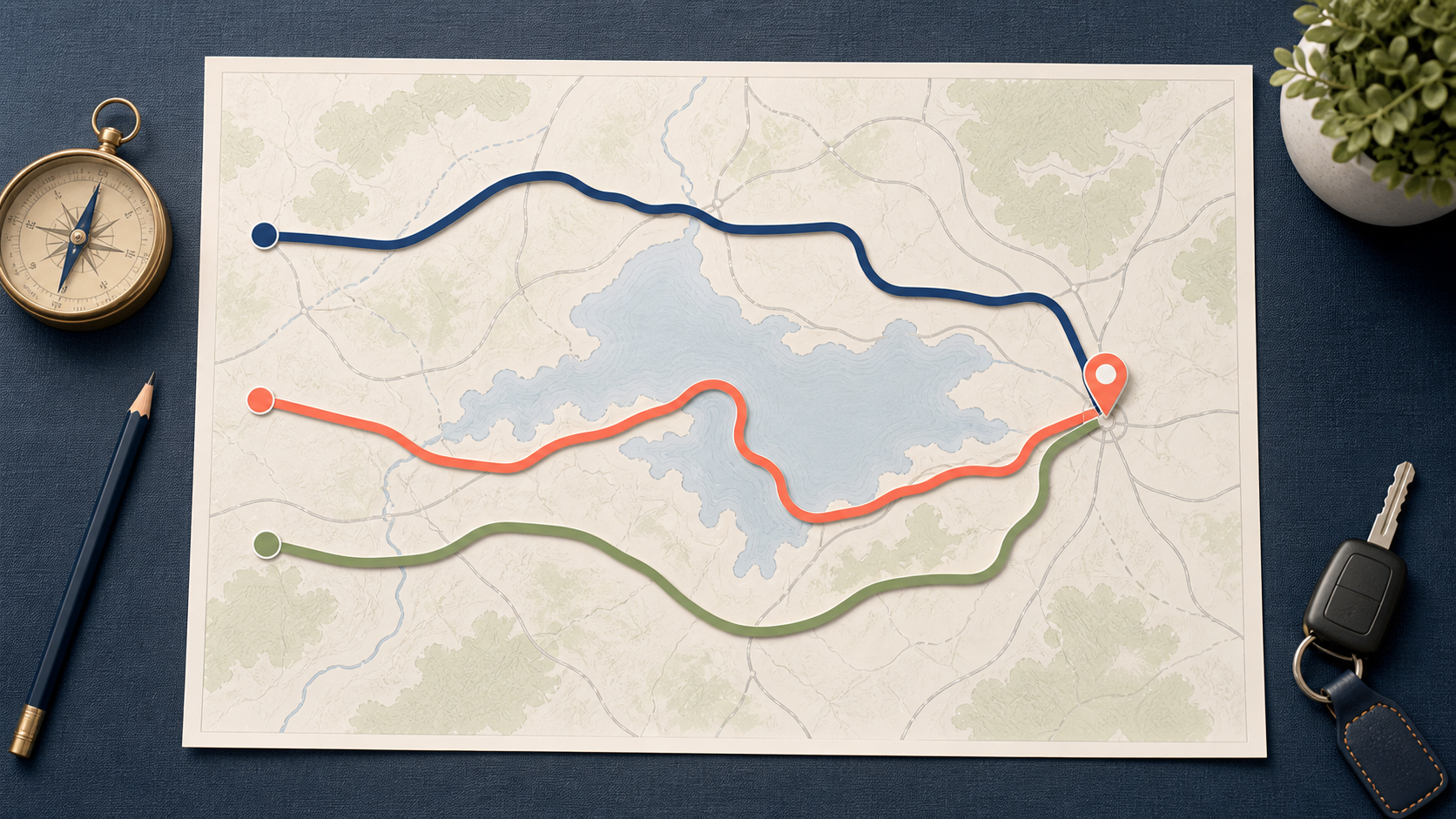 Overhead planning map showing three distinct route options around a lake