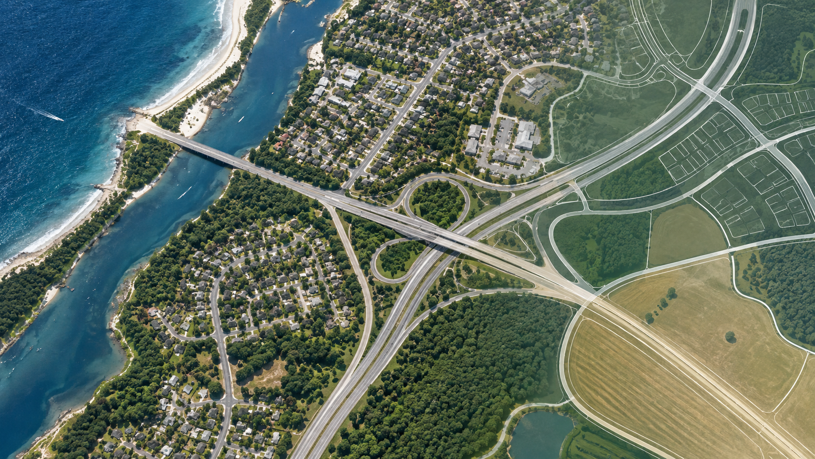 Illustrated aerial landscape showing roads, neighborhoods, fields, woods, and a shoreline