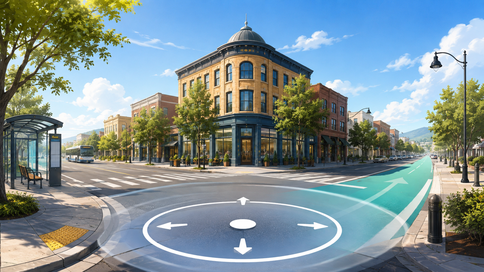 Illustrated intersection showing a highlighted approach to a distinctive corner building