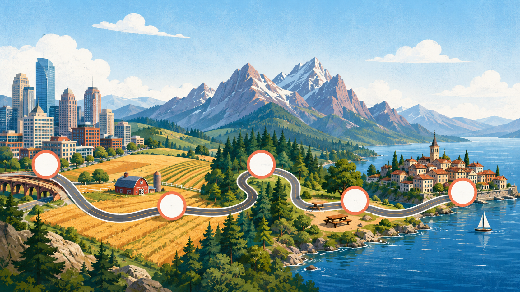 Illustrated road trip route connecting city, farm, forest, mountain, and lakeside stops