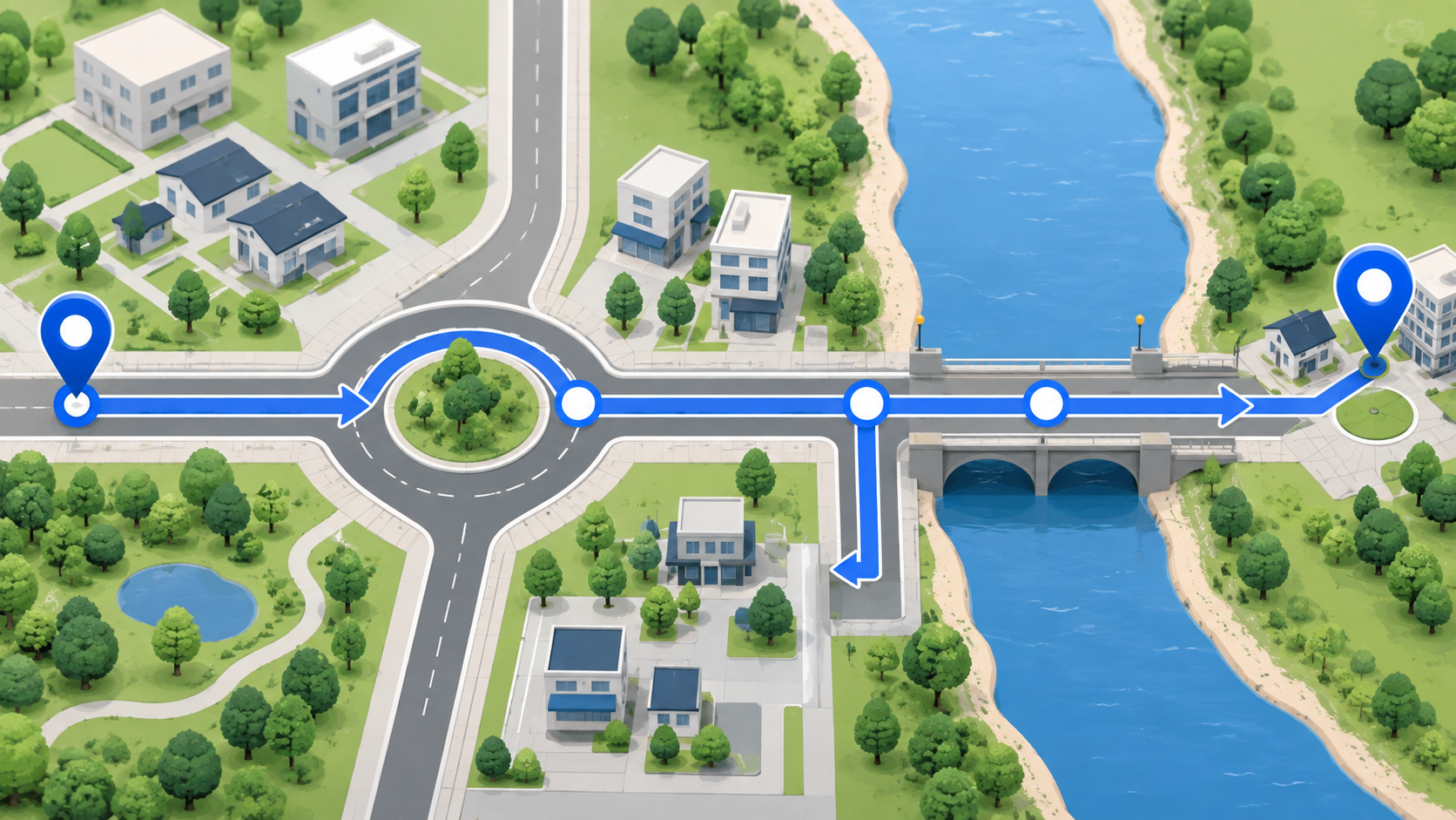 Illustrated route sequence with a bridge, roundabout, turns, and a final destination