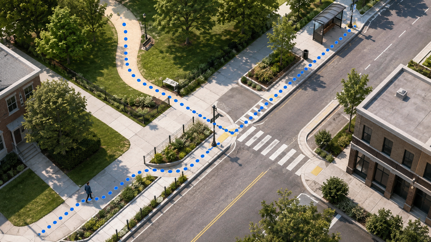Illustrated pedestrian route connecting sidewalks, a park path, a crosswalk, and a transit stop